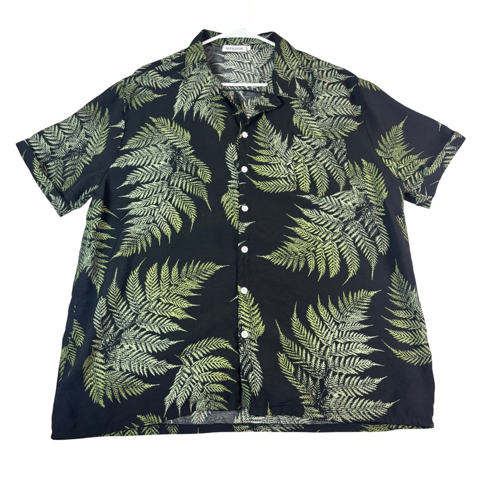 Misslook Mens 2XL Black Green Fern Leaf Print Short Sleeve Button Down‎ Shirt